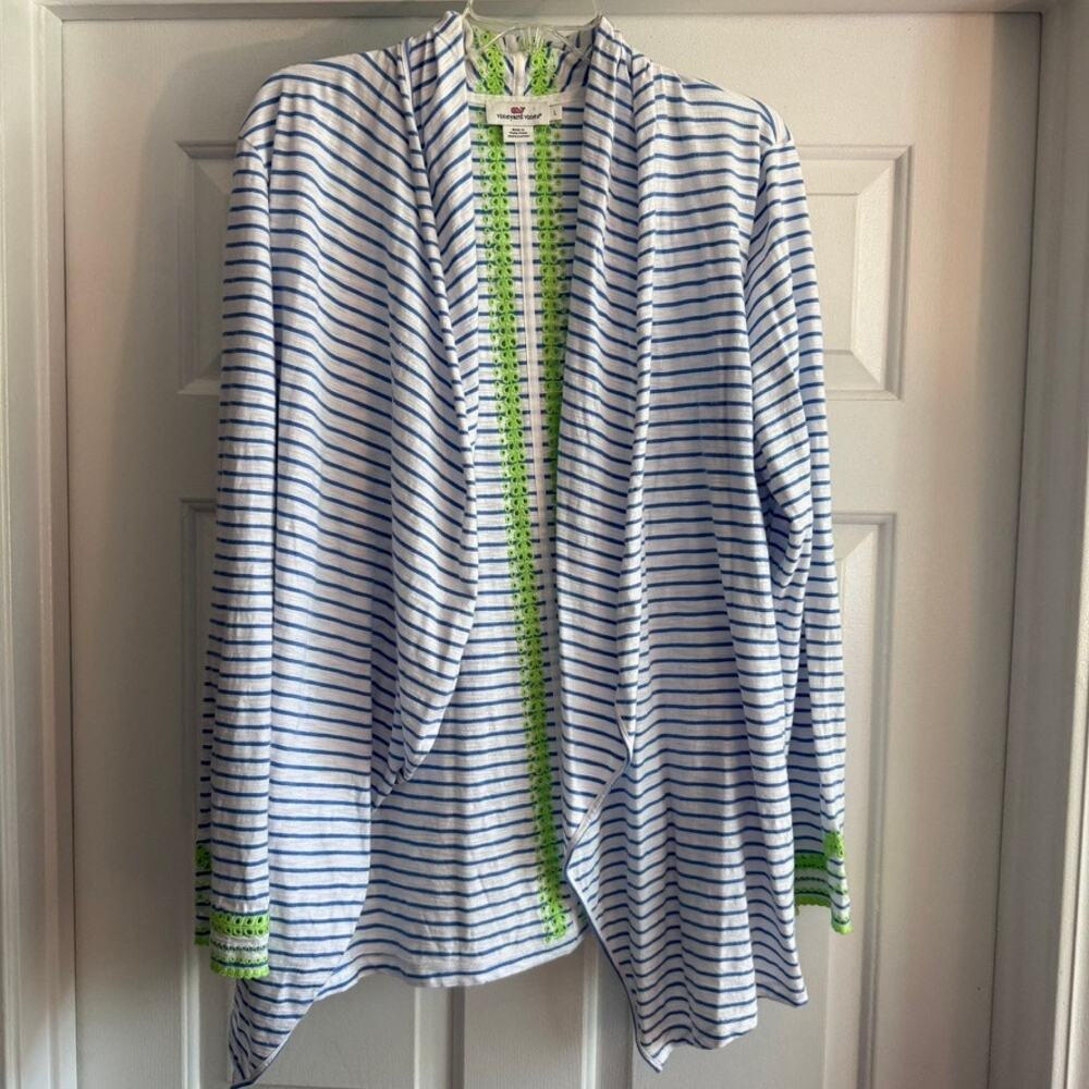 Large Vineyard Vines Blue and White Stripe Cardigan with Green Embroidery